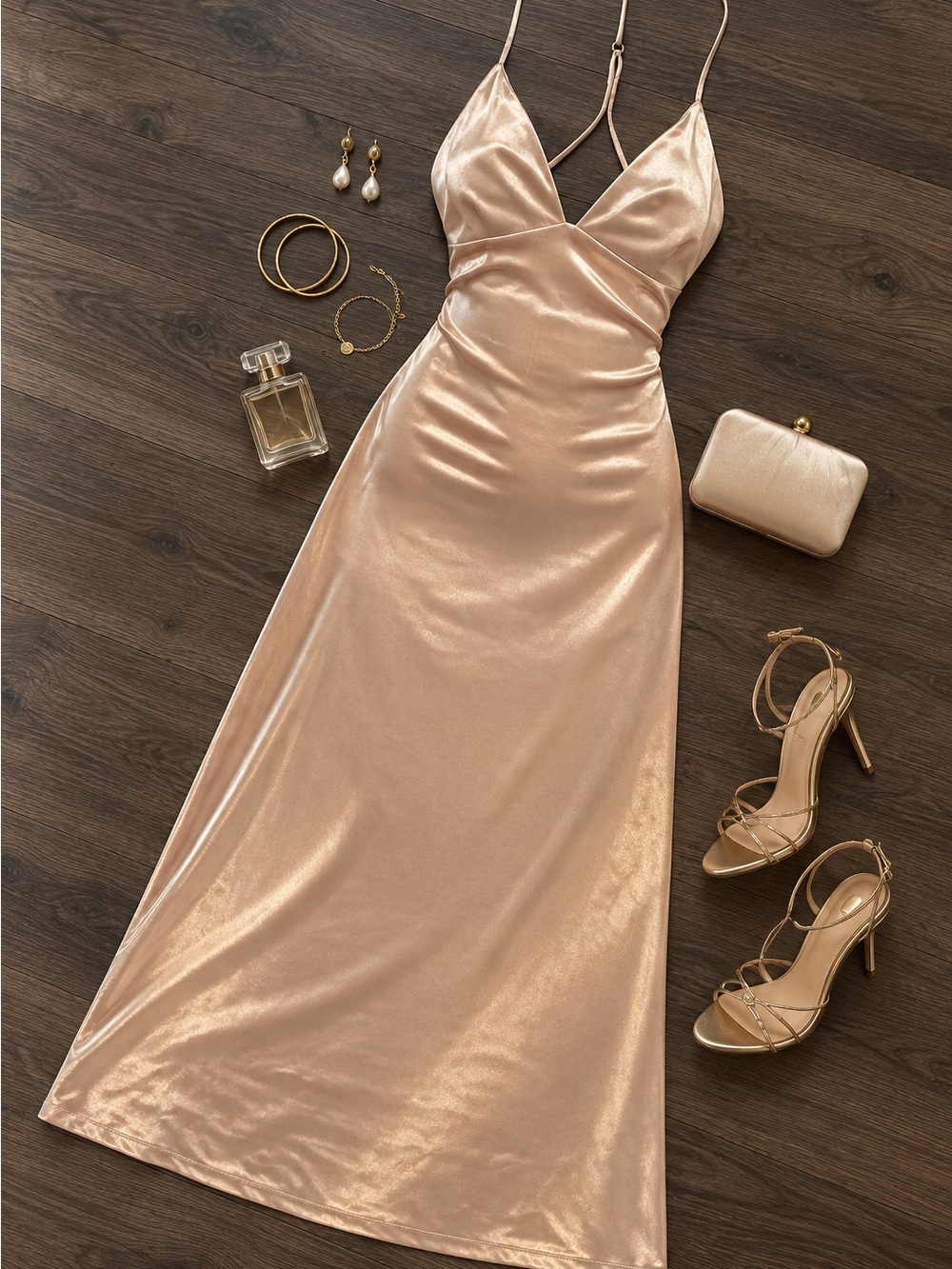 Satin Slip Maxi Dress in Rose Gold - Women